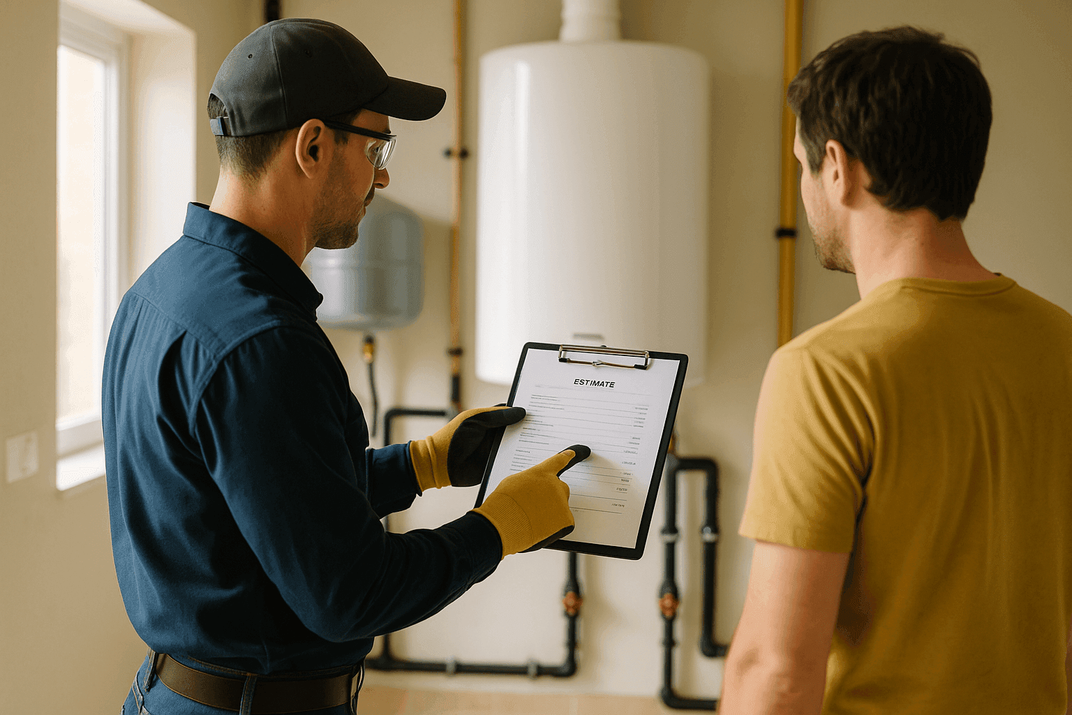 Plumber reviewing boiler repair estimate with homeowner