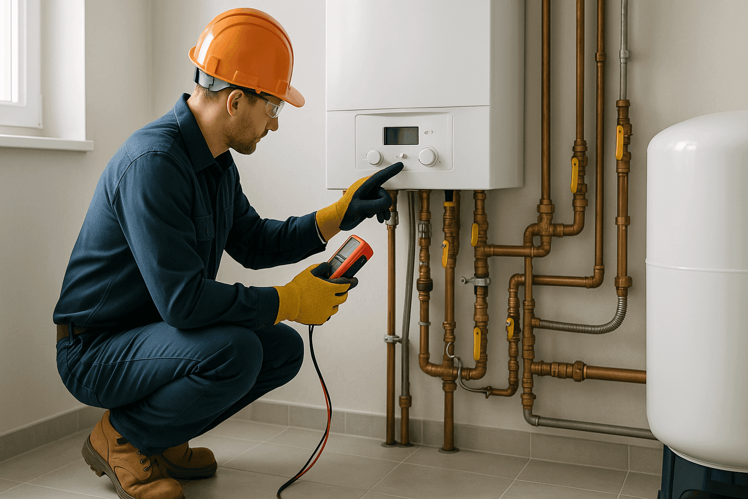 Plumber examining home boiler for pre-winter check