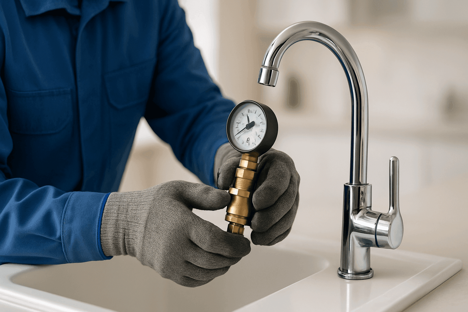 Plumber checking home water pressure with gauge