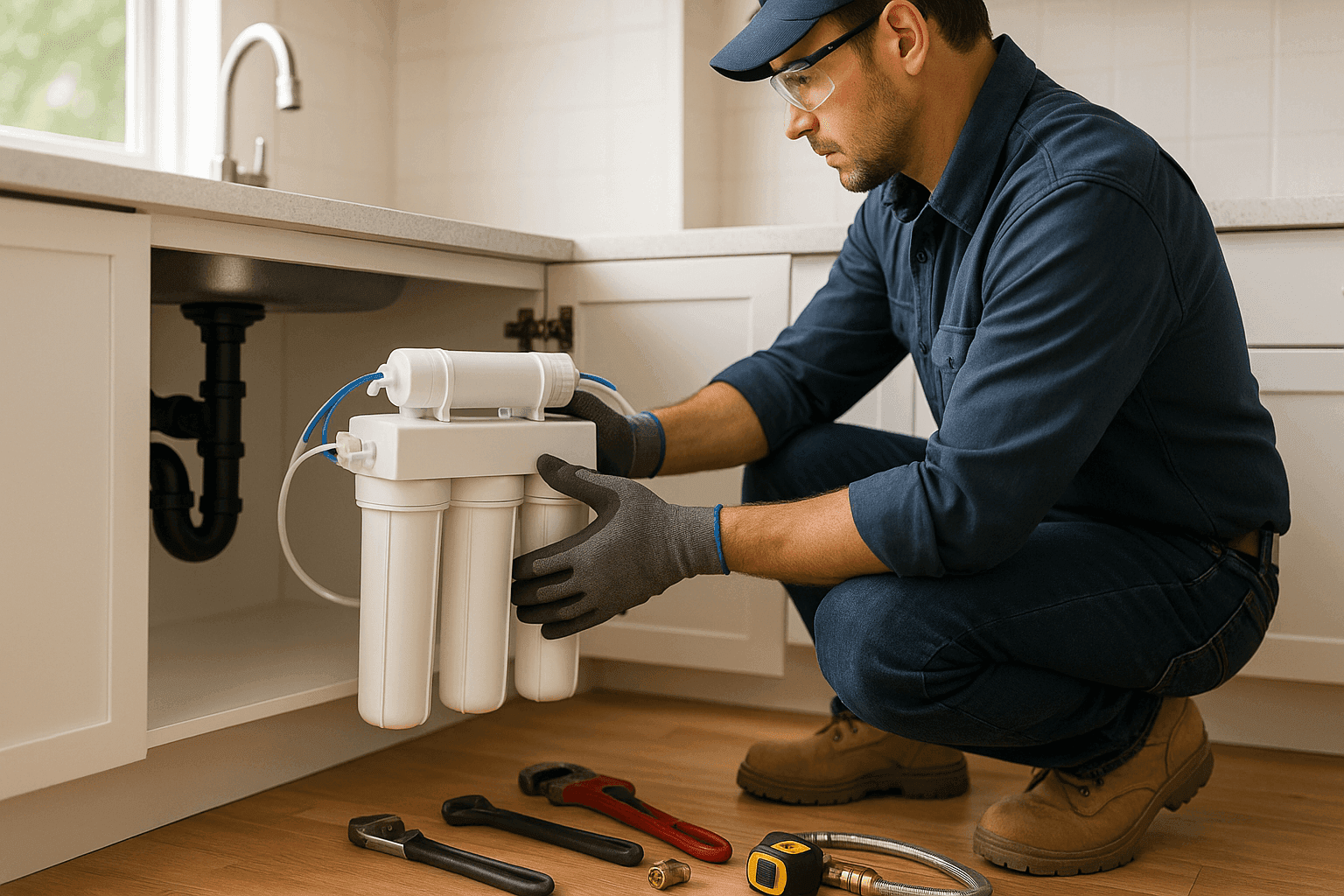 Plumber installing water filtration unit under kitchen sink