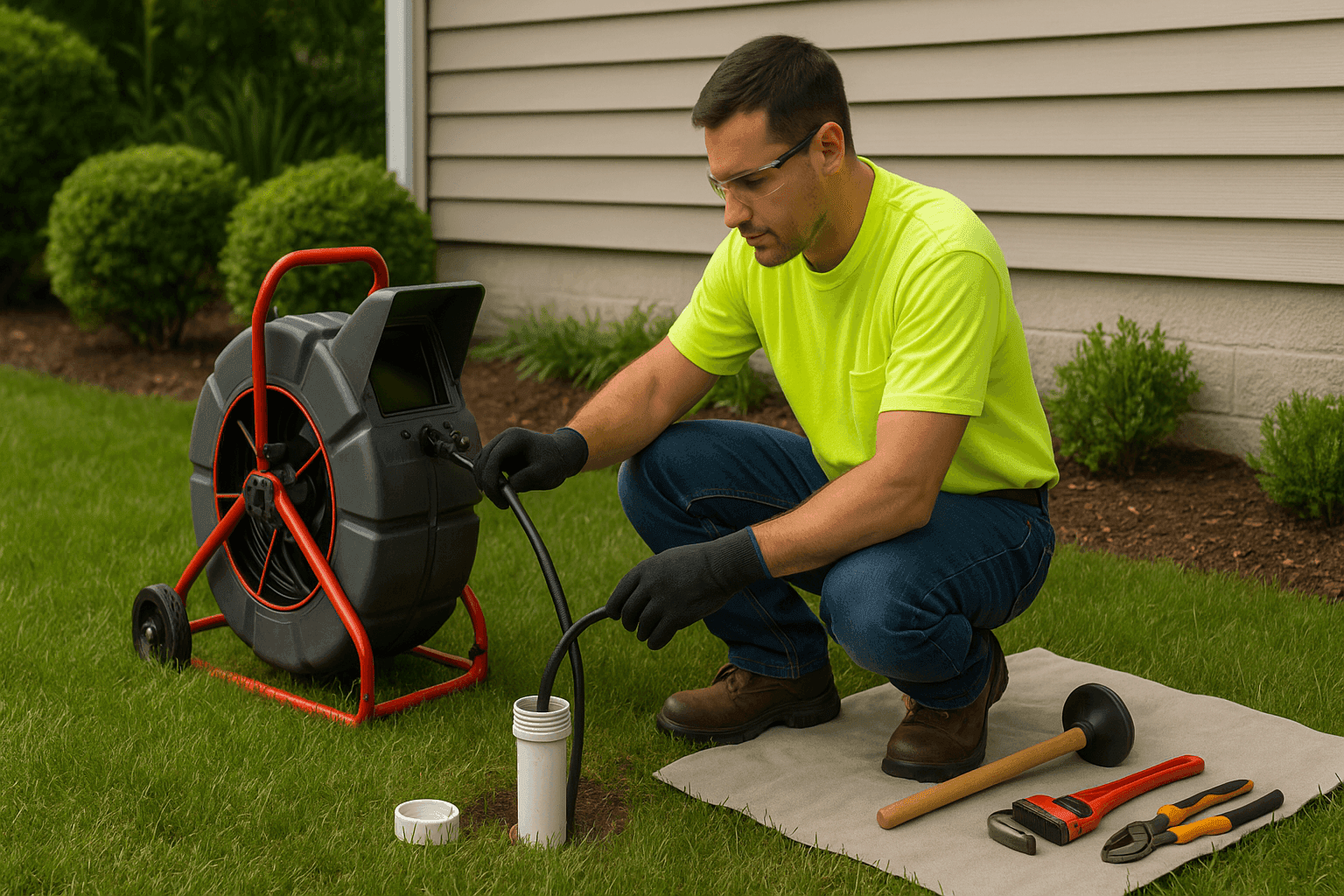 Plumber performing a sewer camera inspection outside home