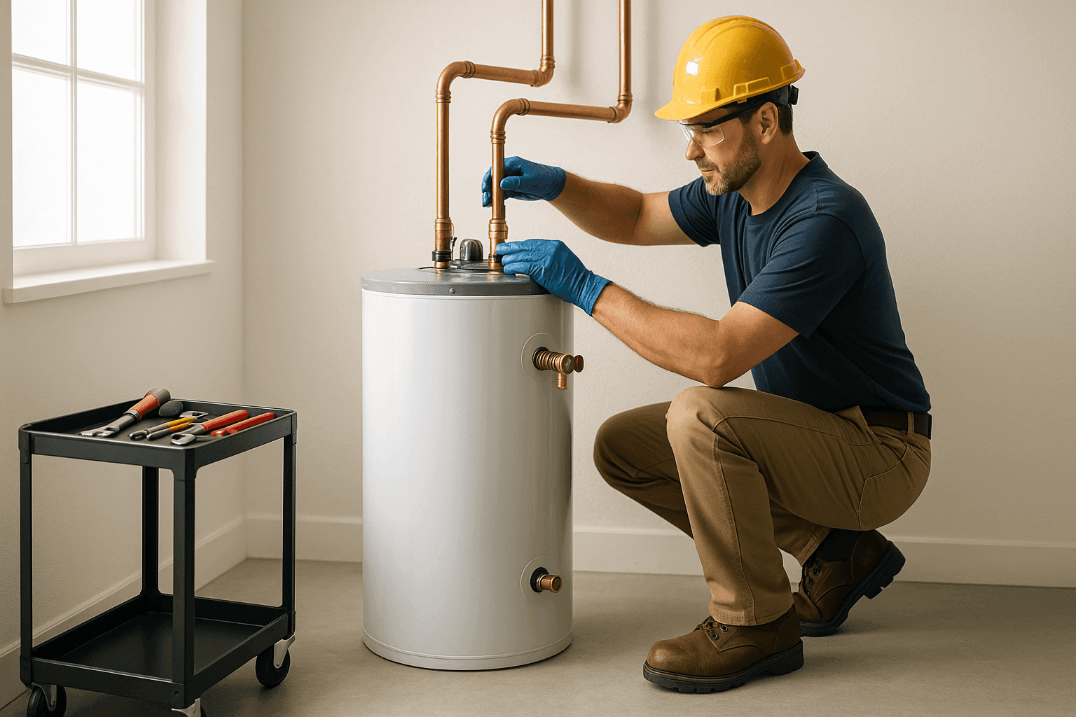 Plumber installing new water heater in utility room