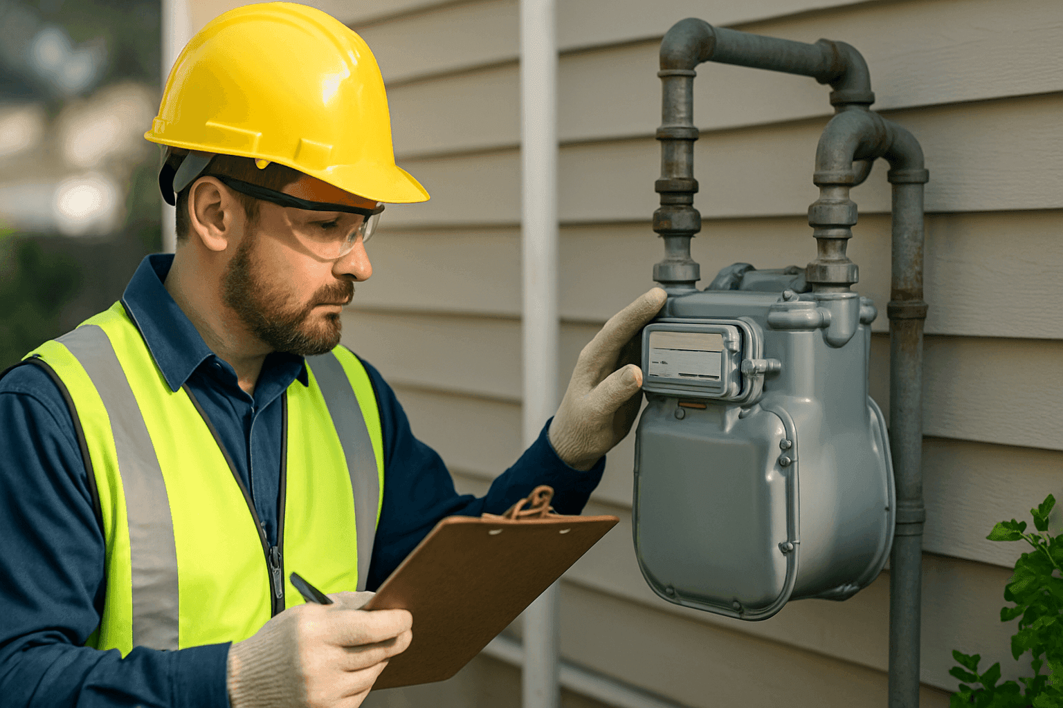 Technician inspecting home gas meter with safety equipment