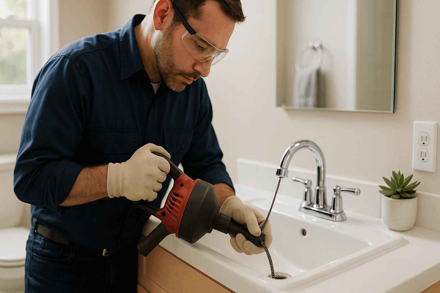 Plumber using auger to clean residential drain