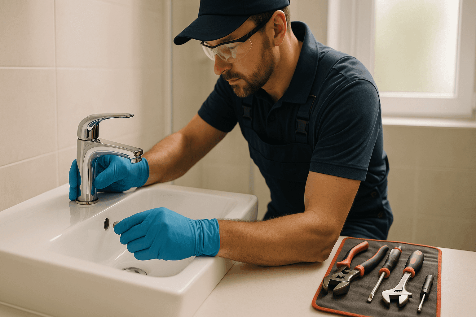 Plumber installing new bathroom faucet and sink