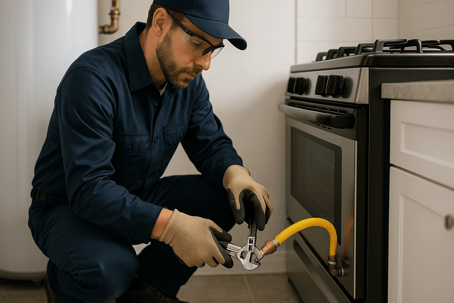 Plumber installing new gas line connection to residential appliance