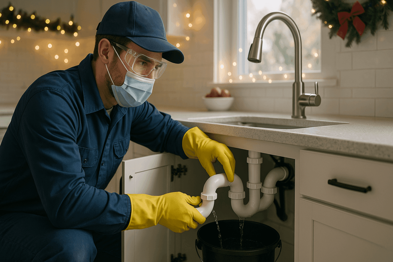 Plumber responding to holiday kitchen sink overflow