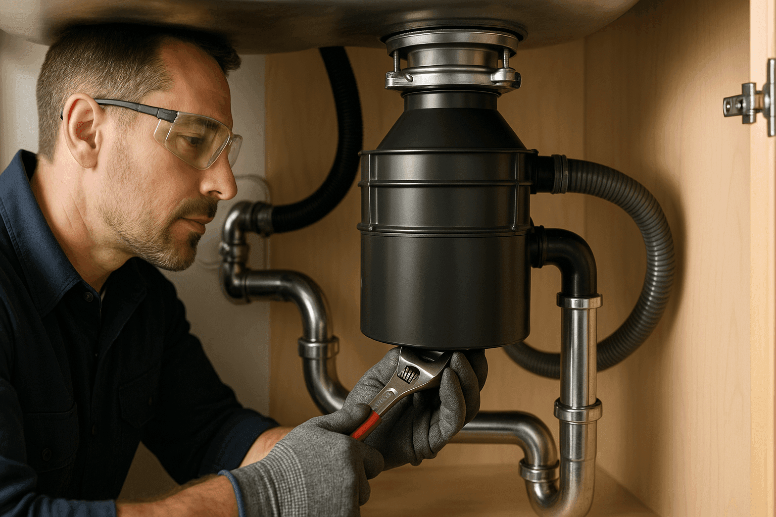 Plumber repairing a garbage disposal under a kitchen sink