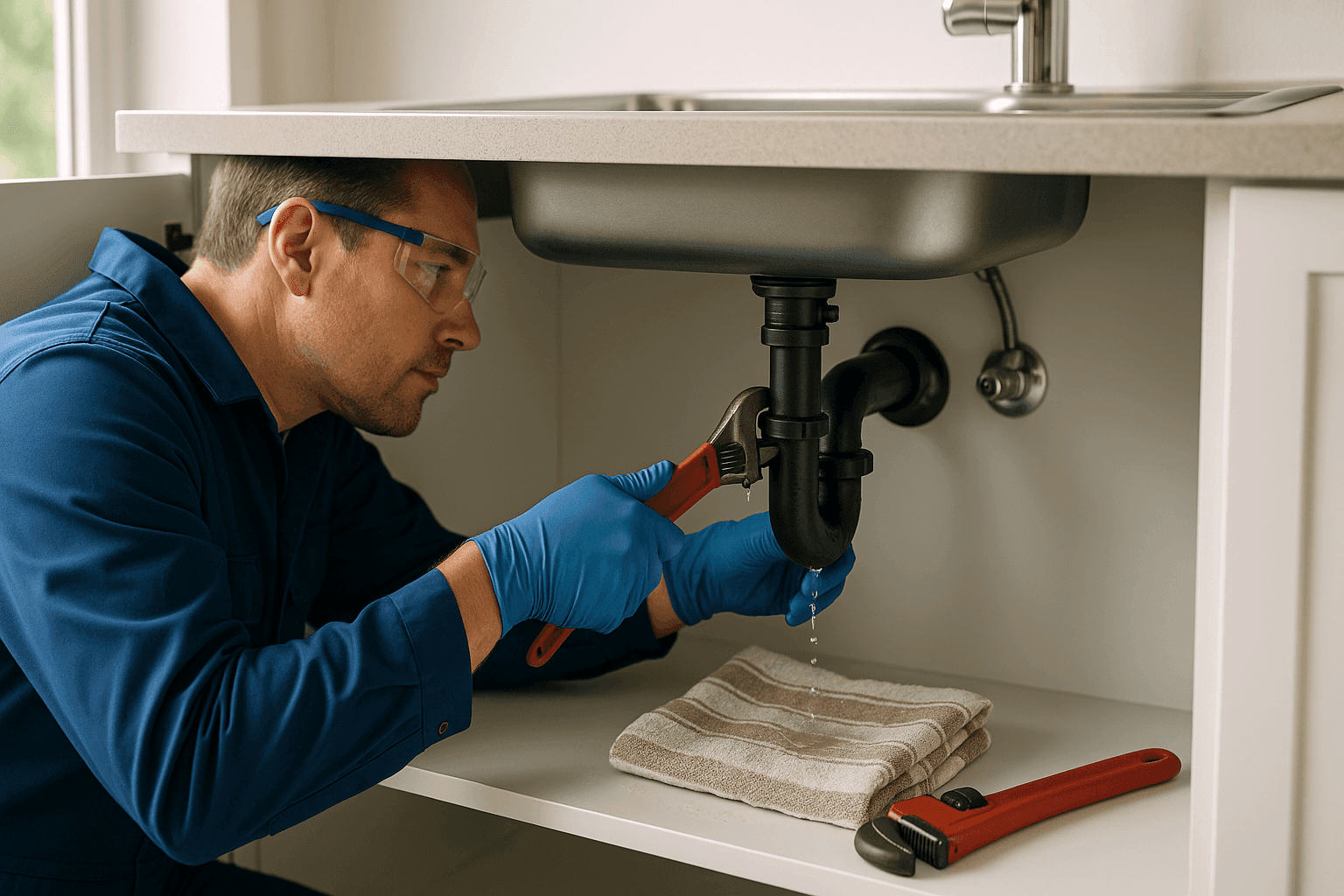 Plumber repairing active water leak under kitchen sink
