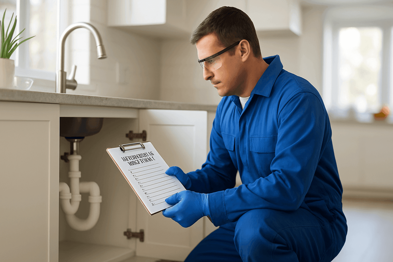 Plumber reviewing plumbing maintenance checklist in home