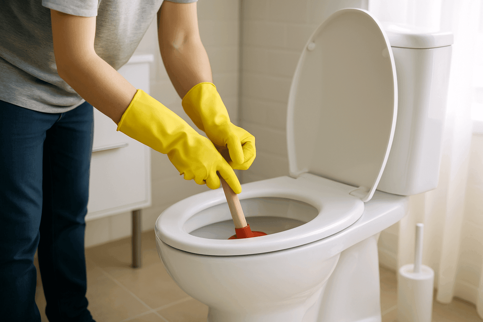 Gloved hands using a plunger in a residential toilet bowl