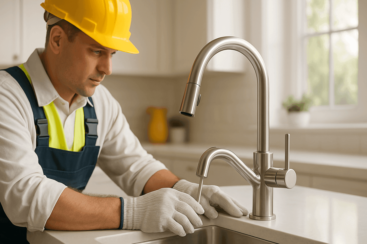 Plumber installing modern faucet in kitchen remodel