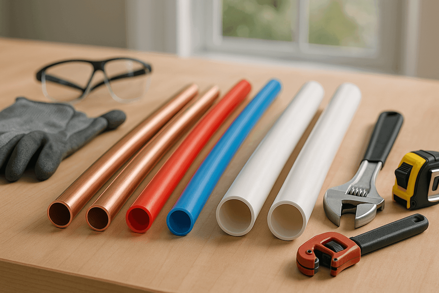 Three types of pipes (copper, PEX, PVC) laid out for comparison