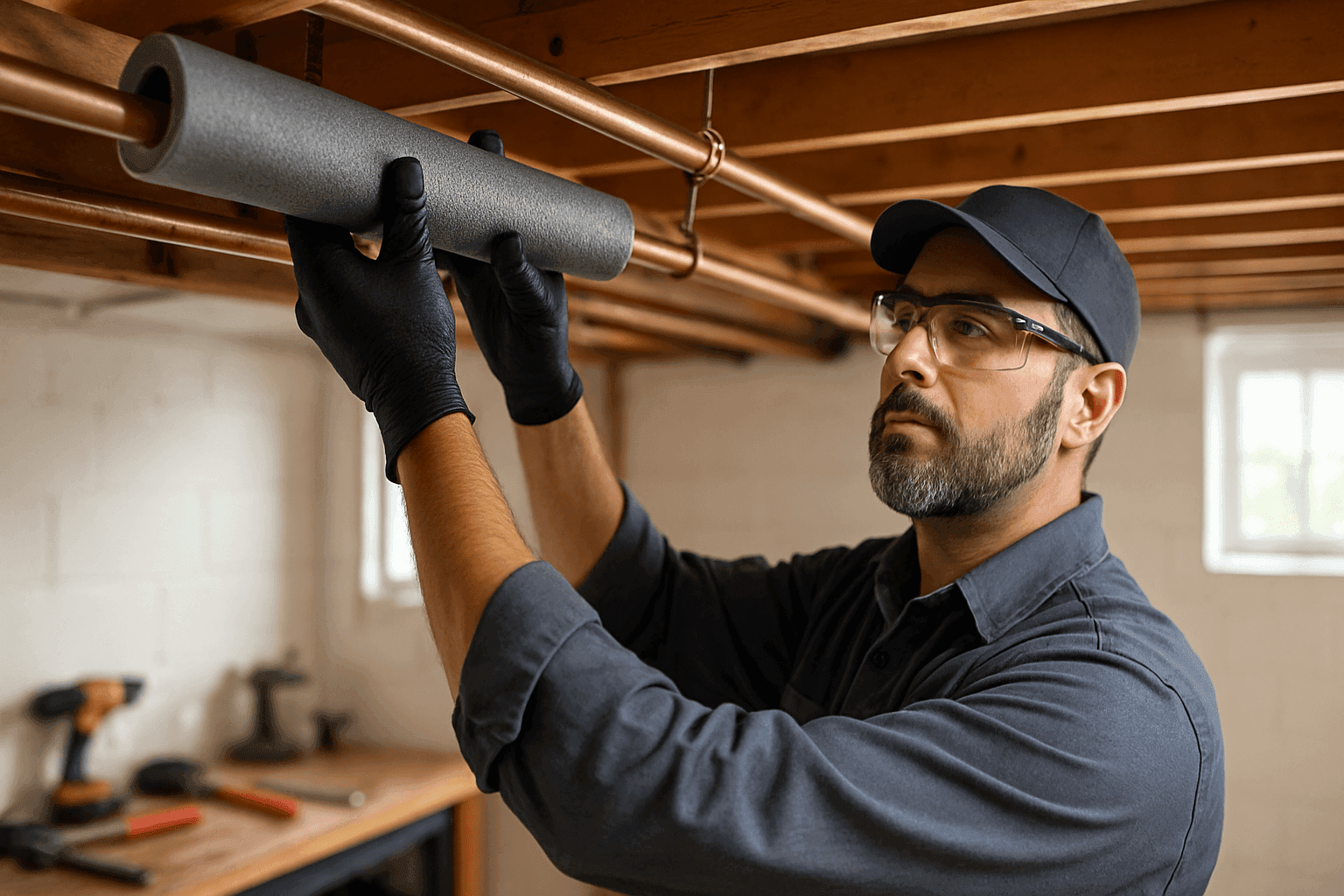 Plumber installing foam insulation on basement water pipes
