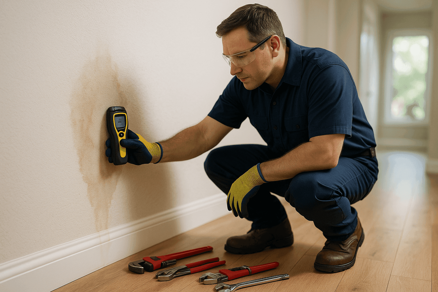 Plumber using moisture meter on residential wall