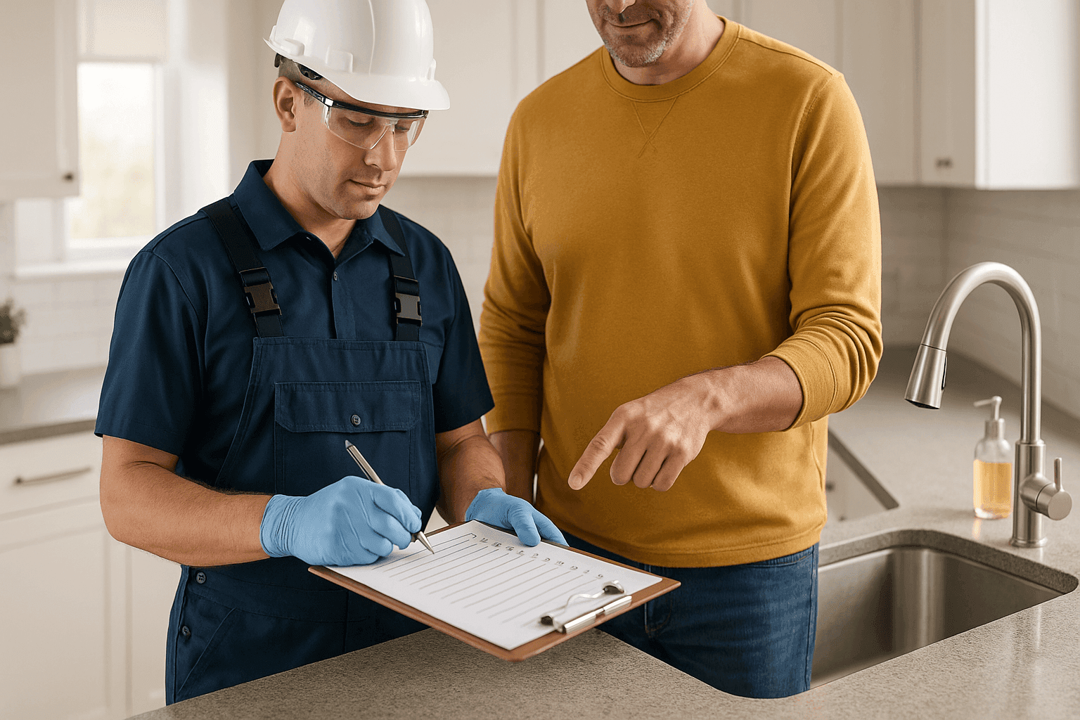 Plumber reviewing plumbing checklist with new homeowner in kitchen