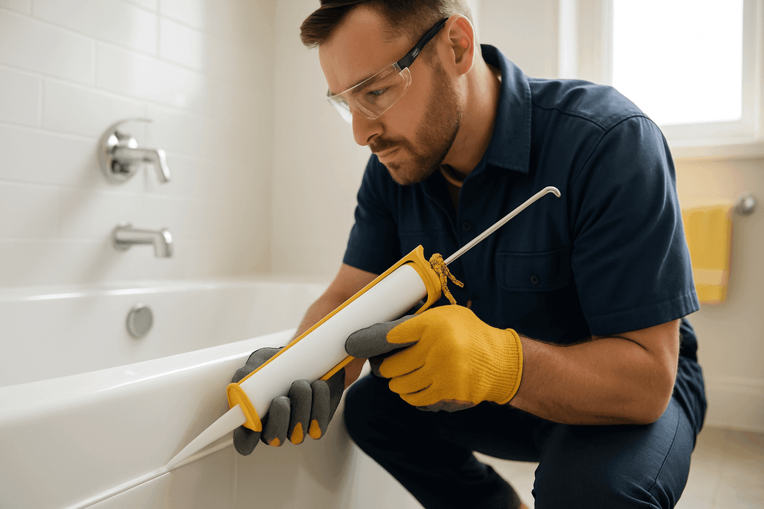 Plumber sealing around bathtub to prevent leaks and mold