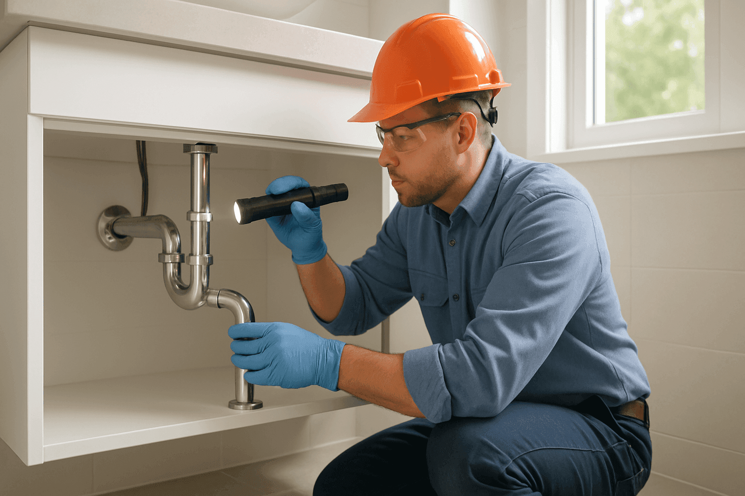 Plumber checking pipe joints under bathroom sink for leaks
