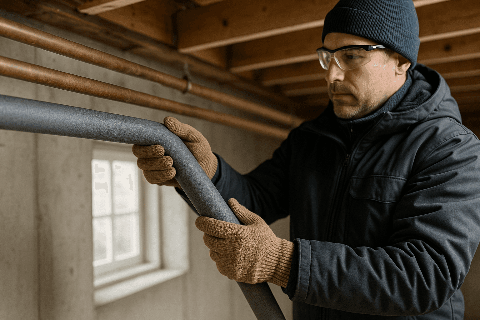 Plumber insulating exposed basement pipes against winter freezing