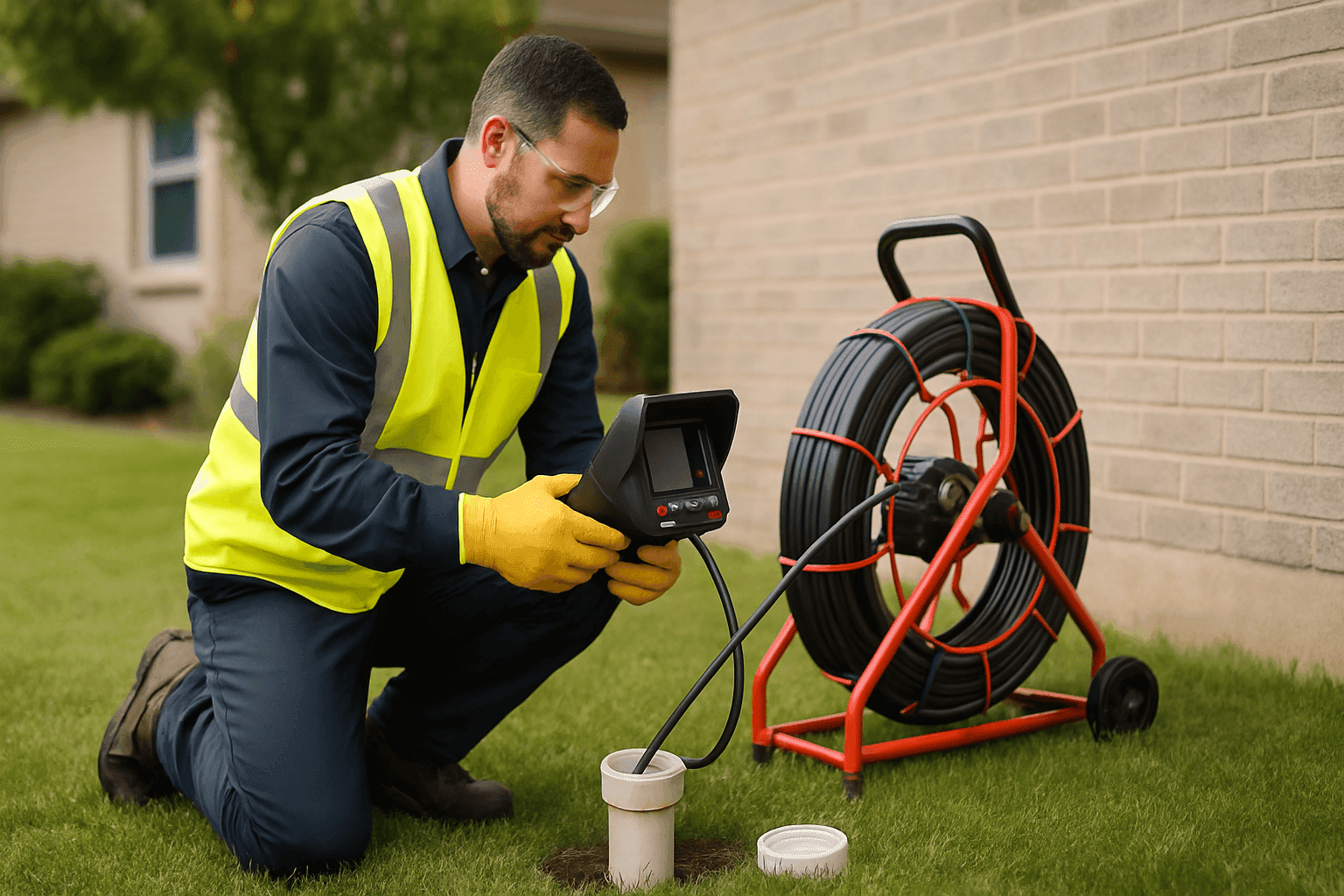 Plumber inspecting outdoor sewer cleanout for backup prevention