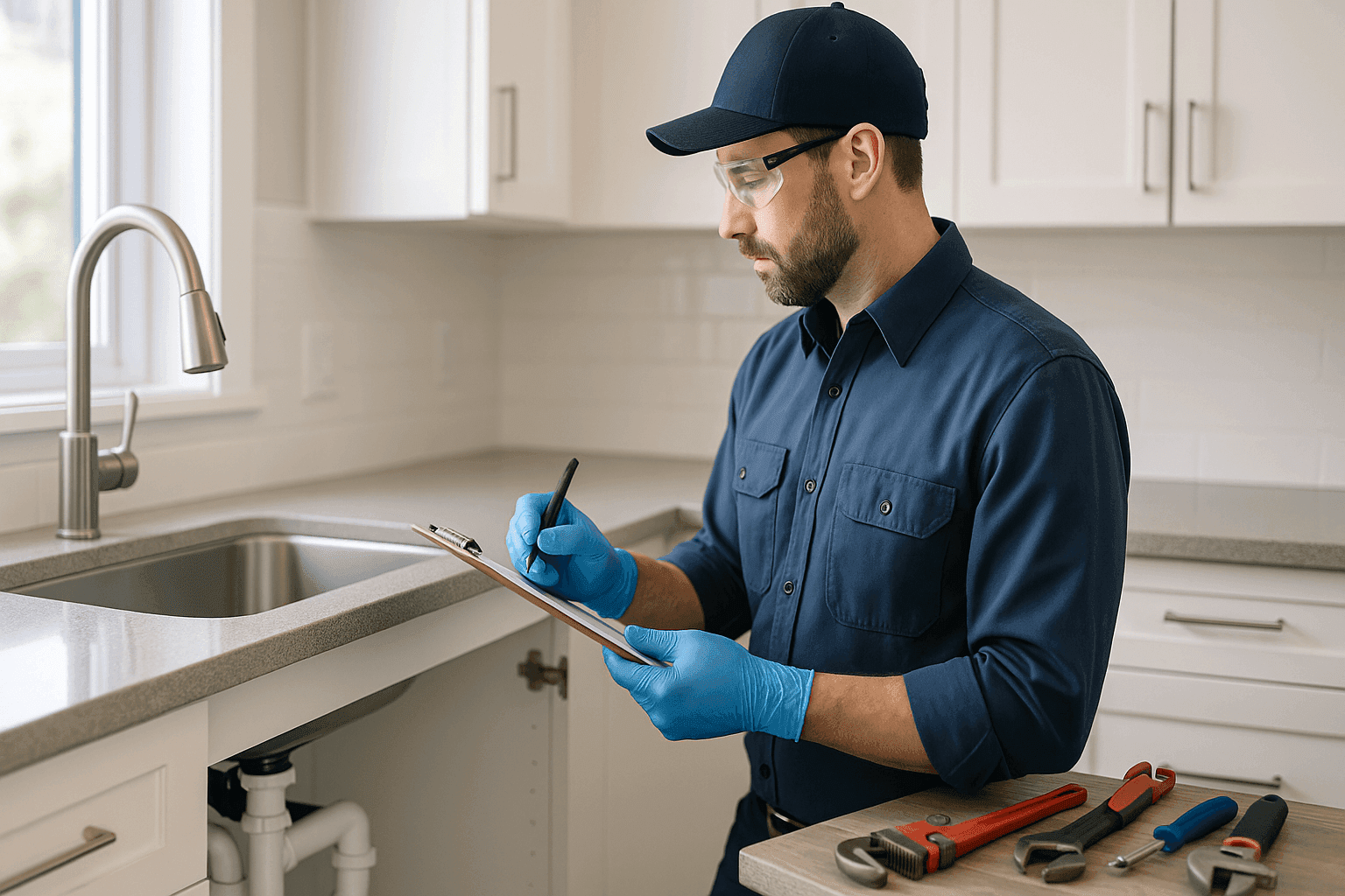 Plumber reviewing plumbing maintenance checklist in kitchen