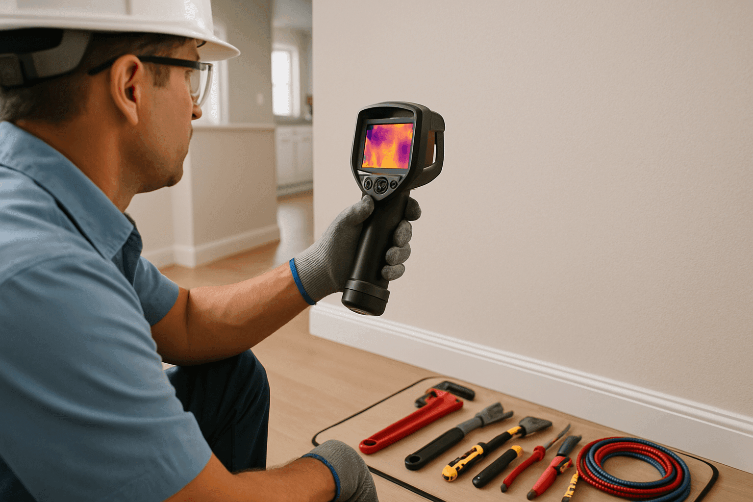 Plumber using thermal imaging camera for leak detection in home