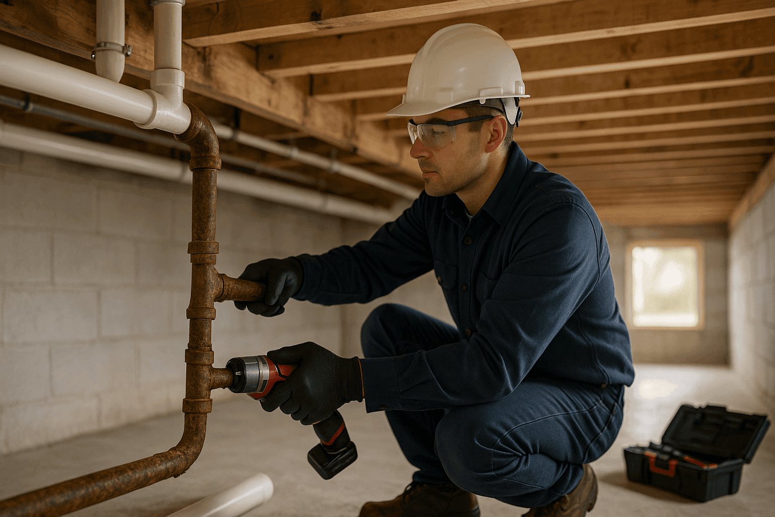 Plumber replacing old water pipes in home crawlspace
