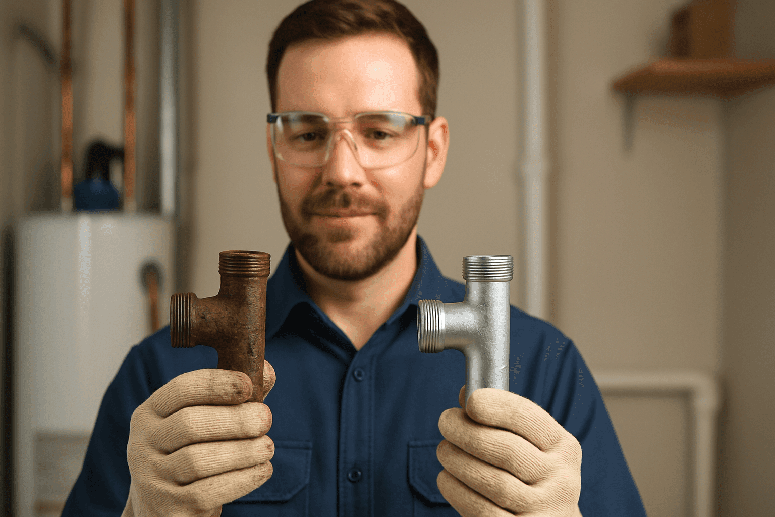 Plumber comparing old and new pipes for repiping decision