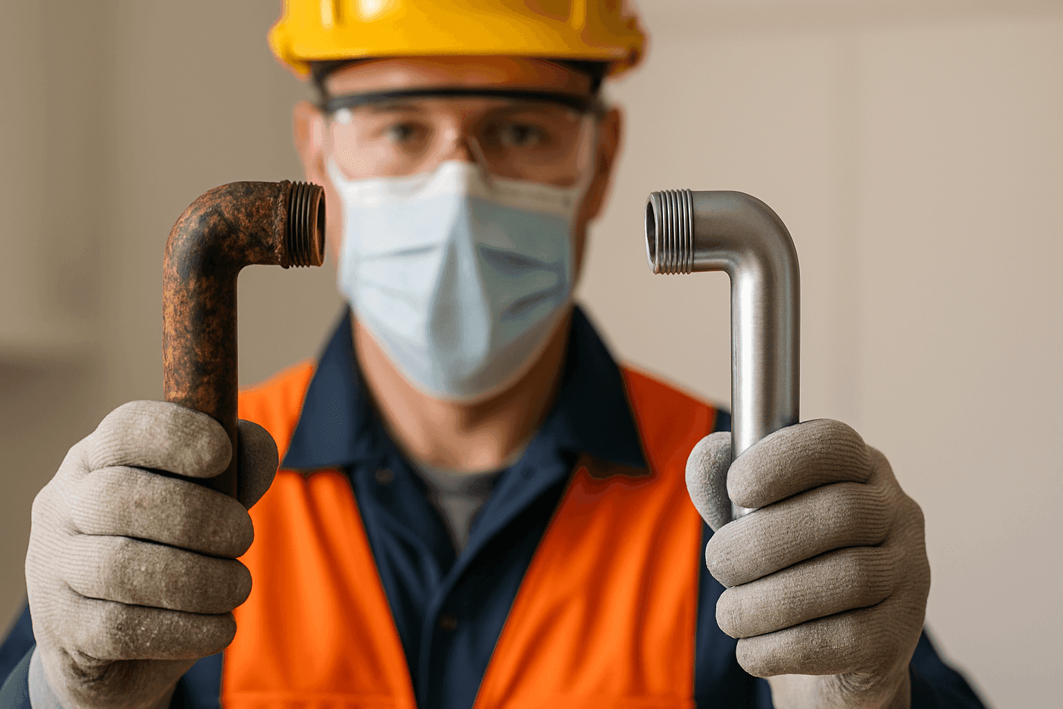 Plumber examining old corroded pipes next to new pipes