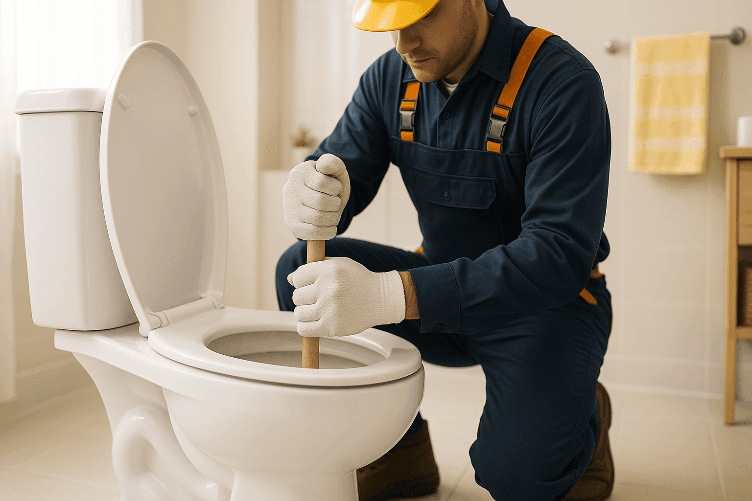 Plumber using plunger to unclog residential toilet