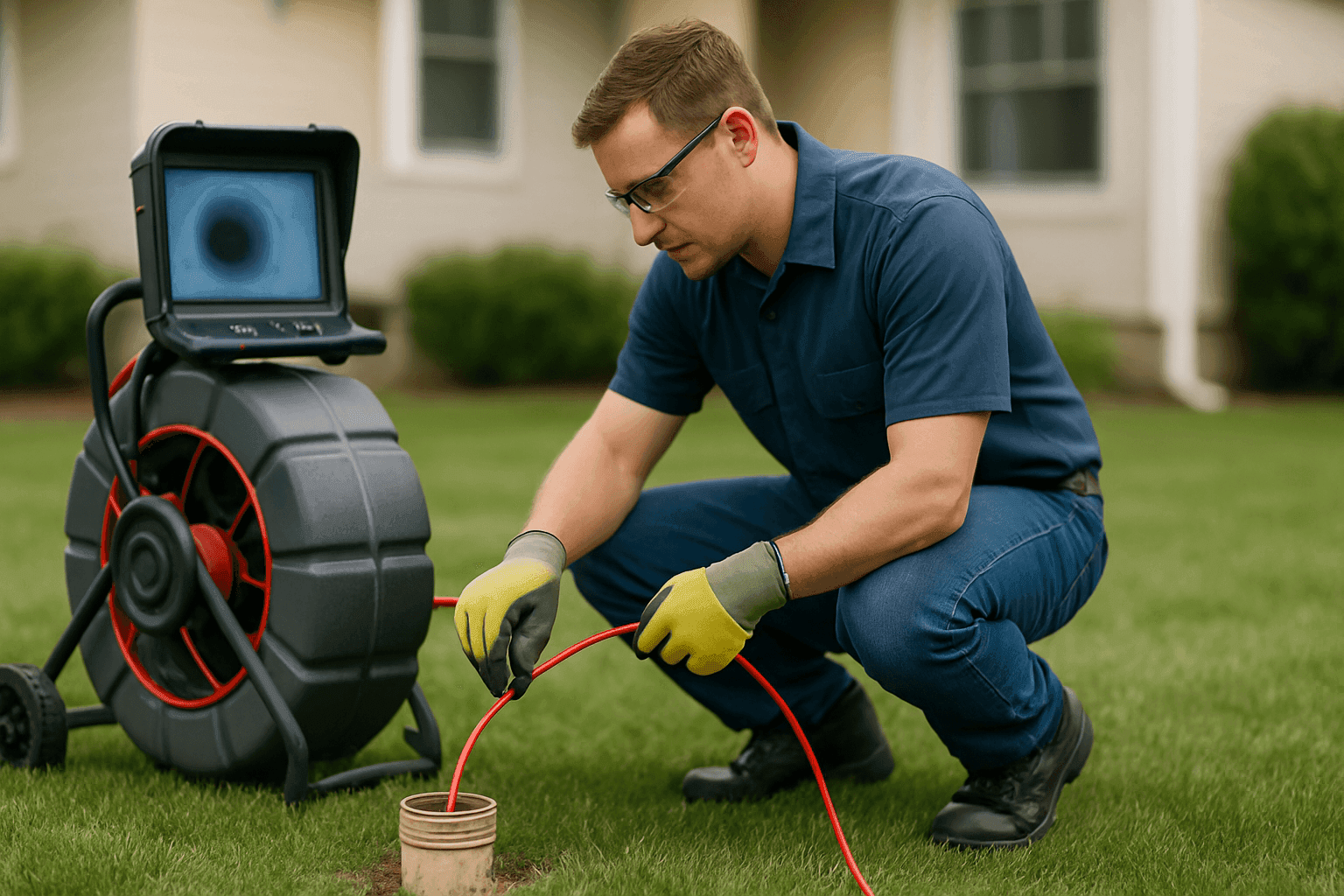 Plumber performing camera inspection of sewer line outdoors