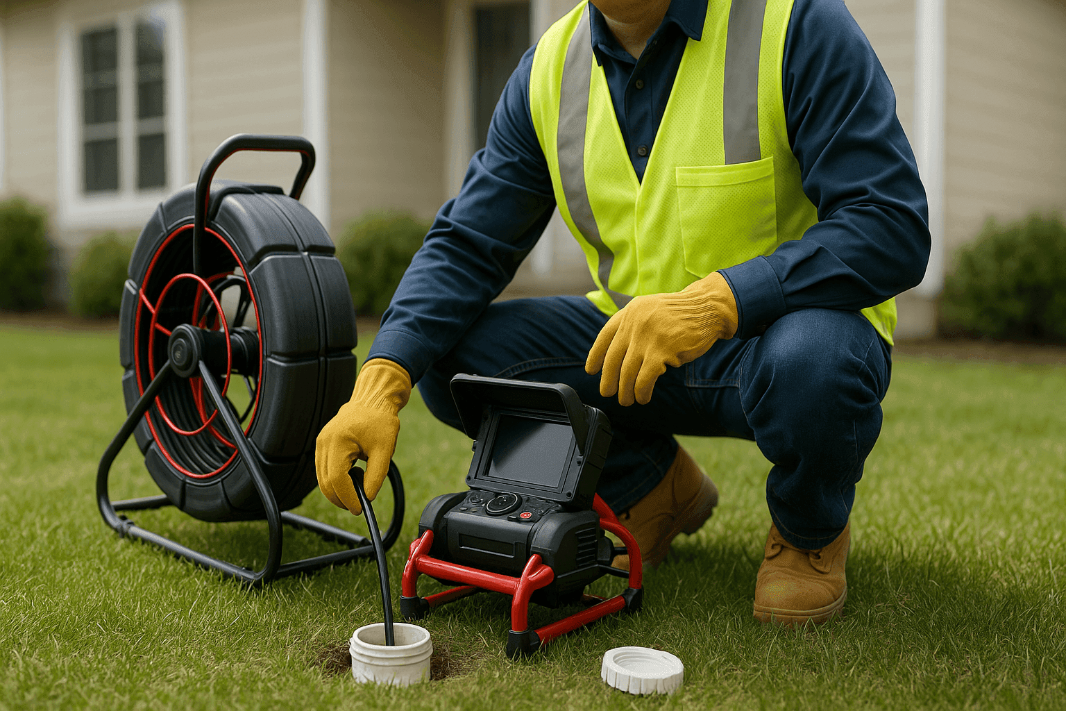 Plumber conducting camera inspection of residential sewer line