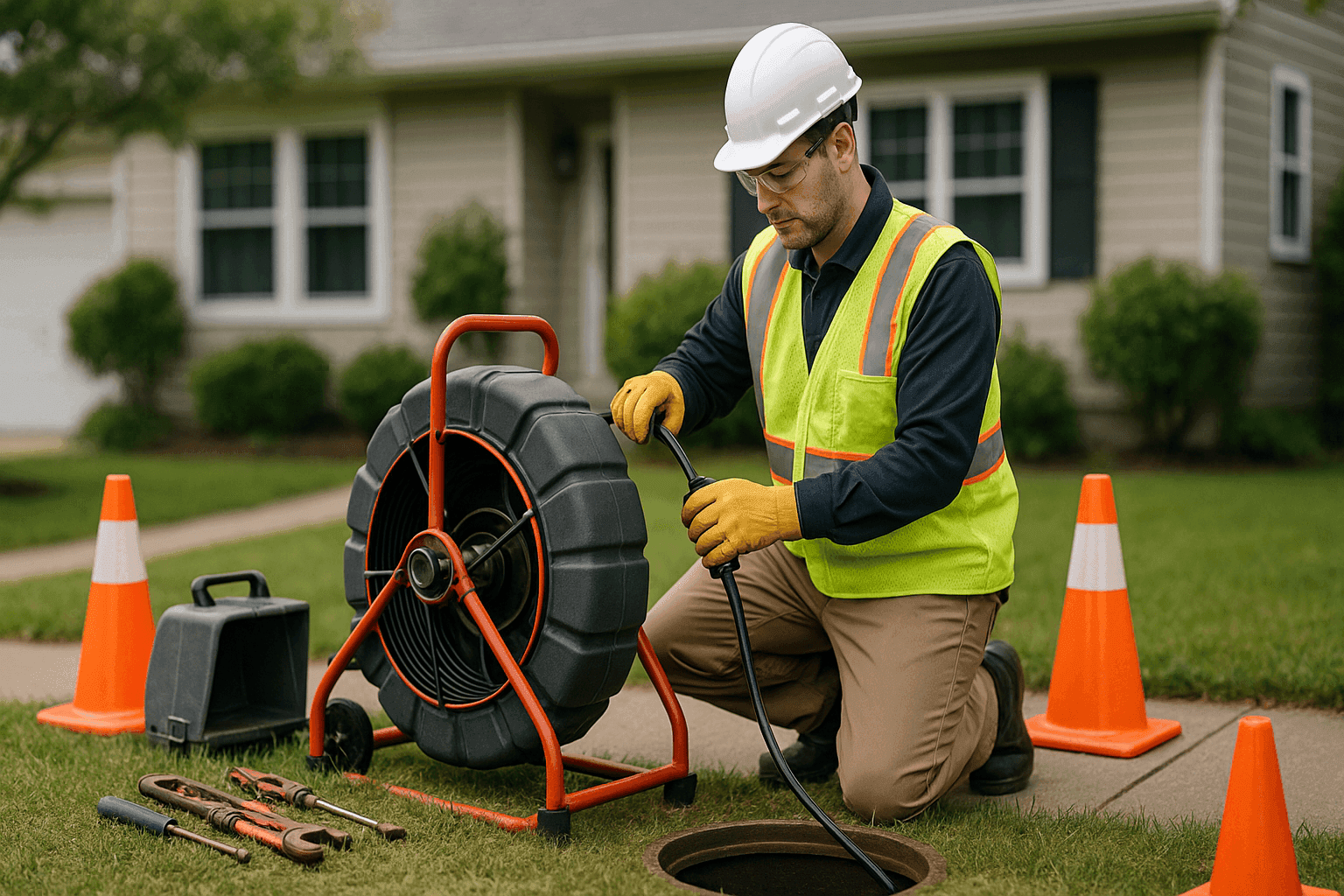 Plumber preparing trenchless sewer line repair equipment