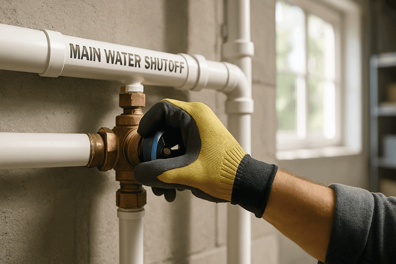 Homeowner shutting off main water valve in basement