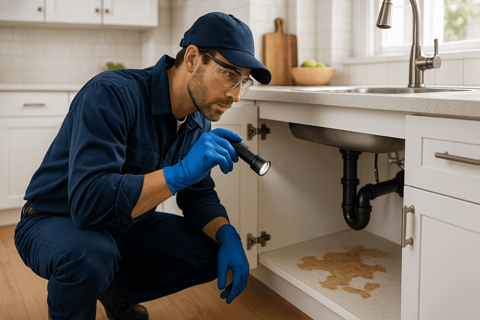 Plumber inspecting water stains under a kitchen sink cabinet