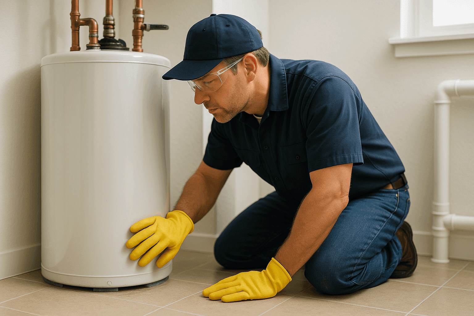 Technician inspecting a residential water heater for leaks and corrosion