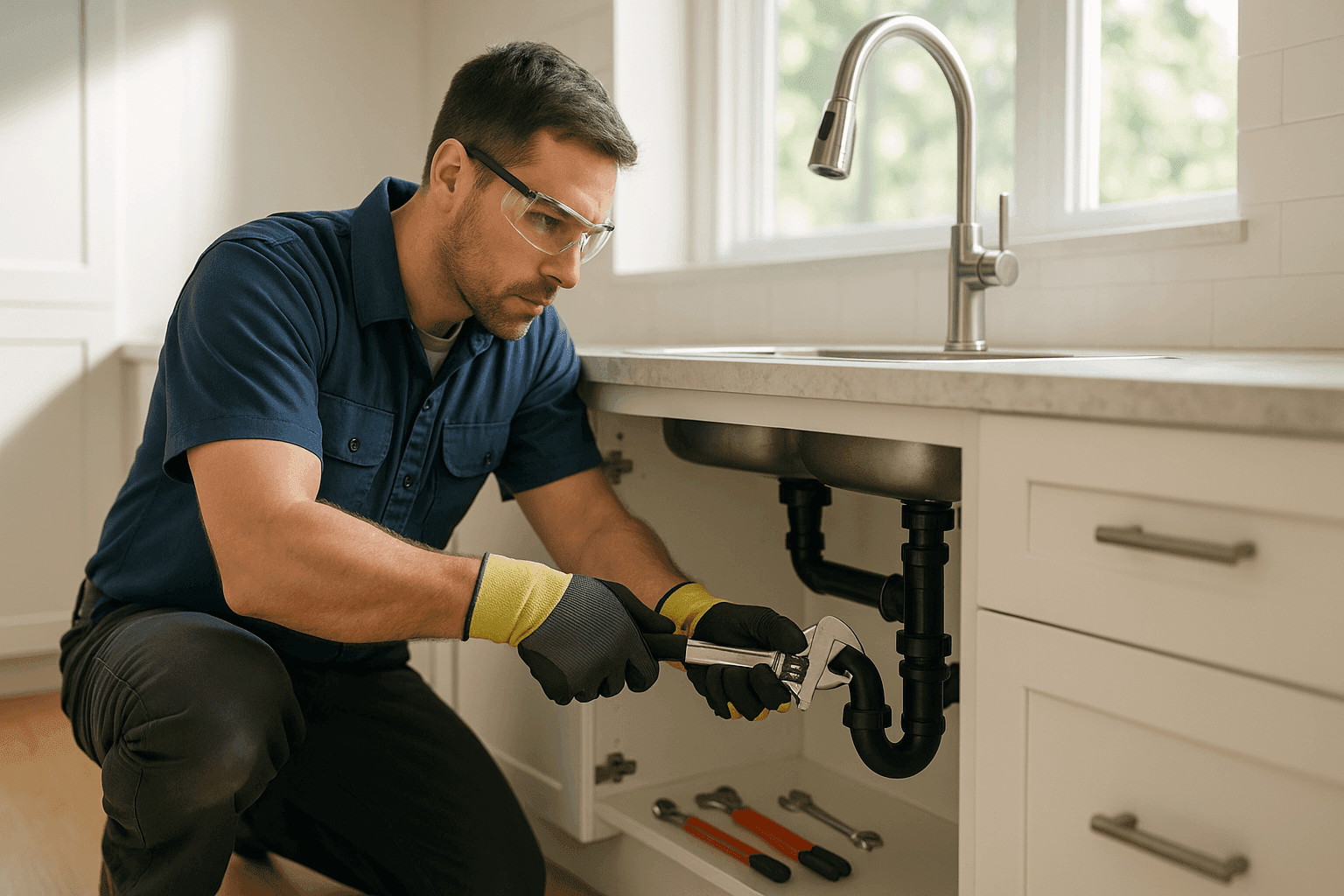 Plumber repairing leaking kitchen sink pipe
