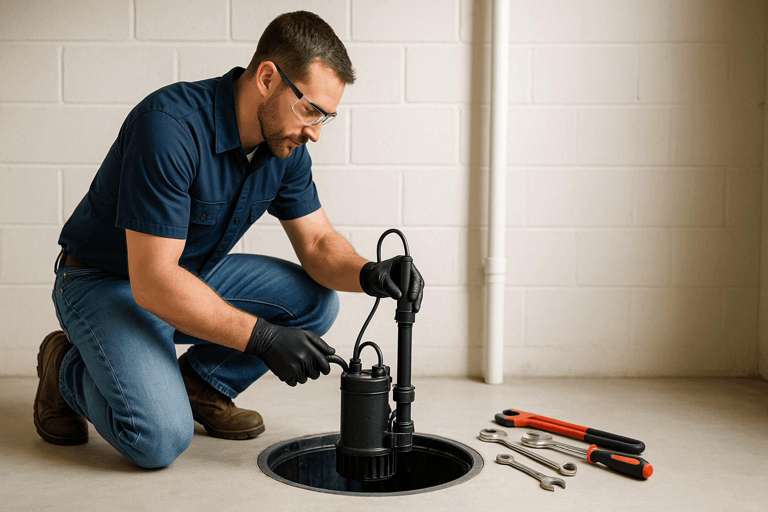Plumber repairing sump pump in basement pit