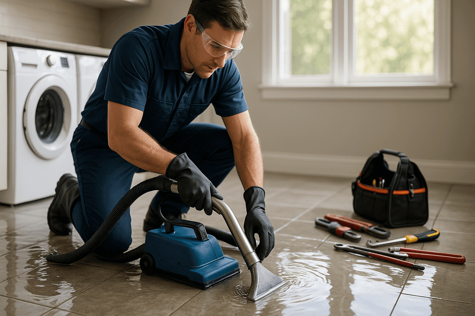 Emergency plumber responding to flooded laundry room