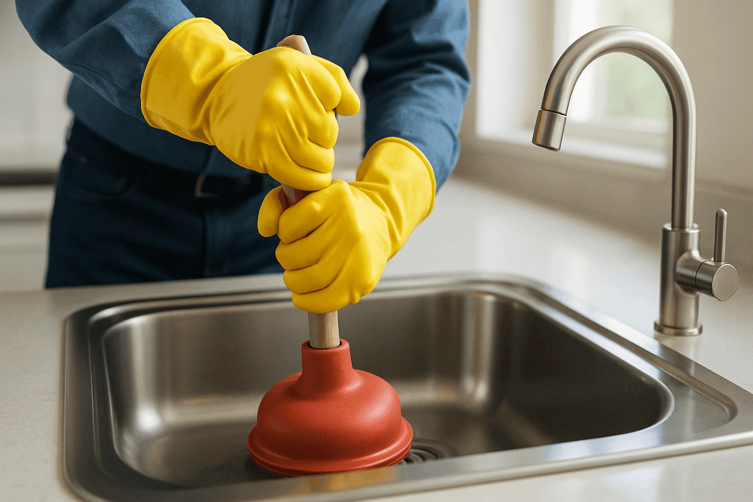 Gloved hands using a plunger on a kitchen sink