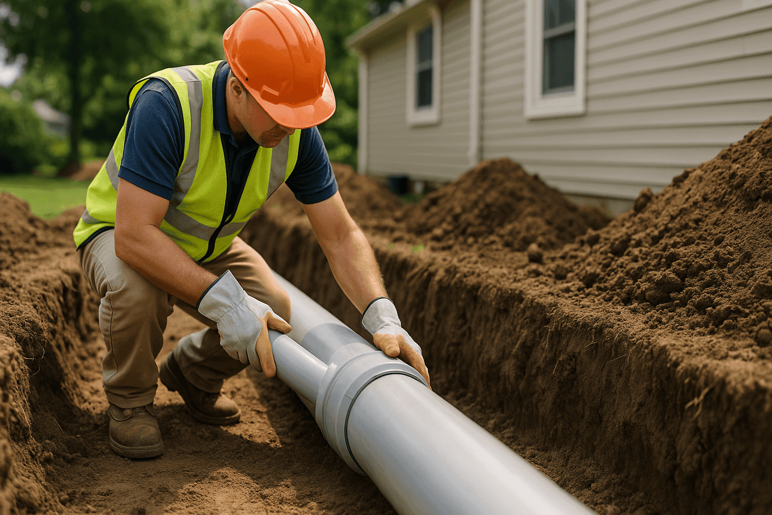 Plumber laying new sewer line in residential trench