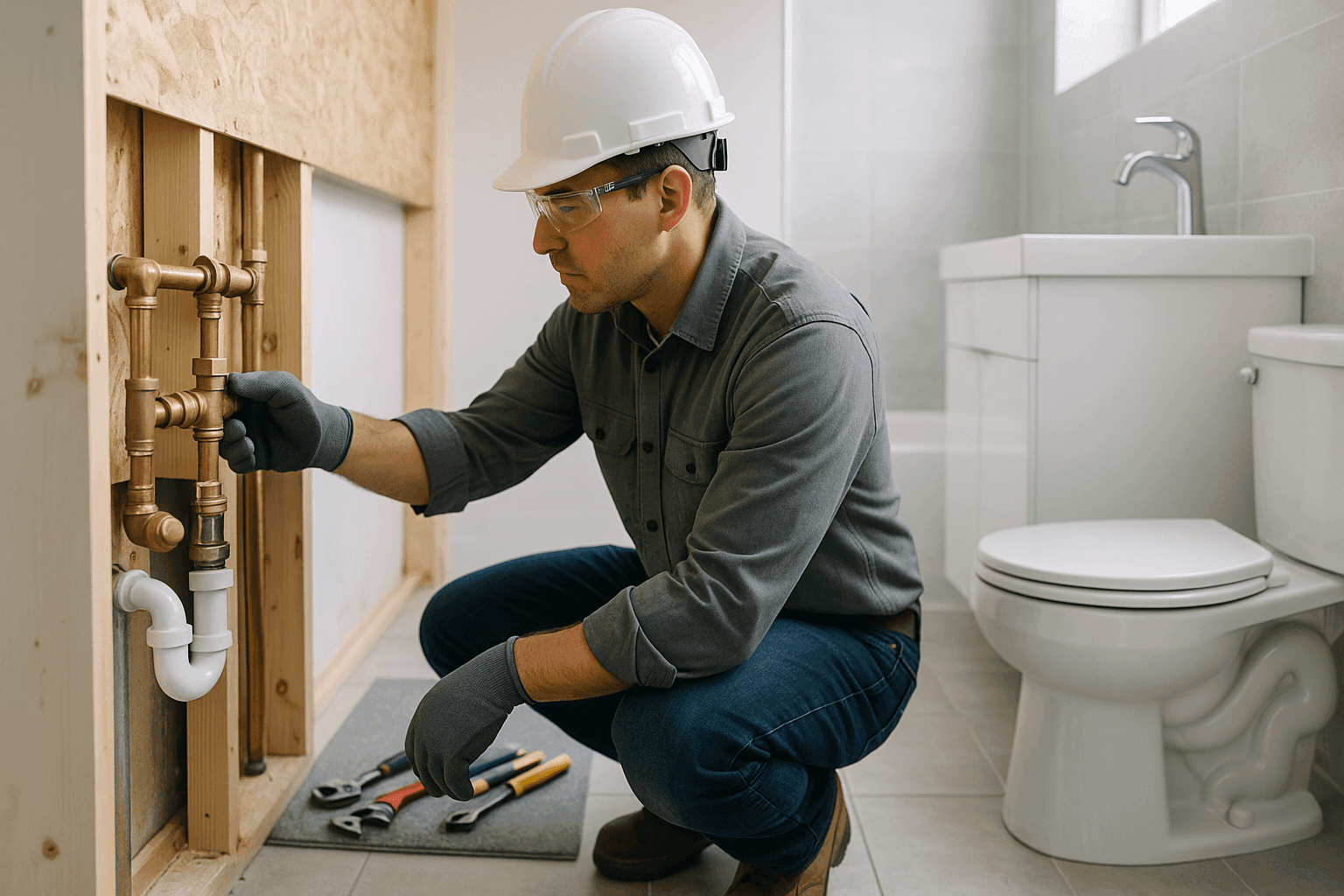 Plumber checking pipes during bathroom remodel