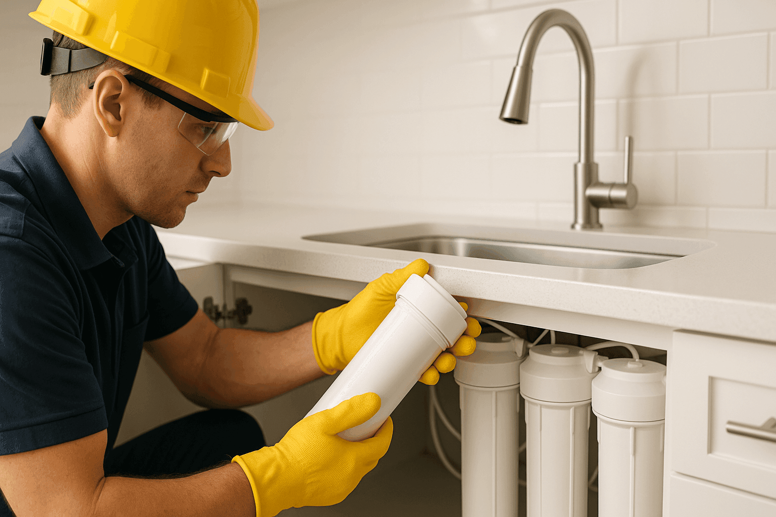 Plumber changing water filtration cartridge under sink
