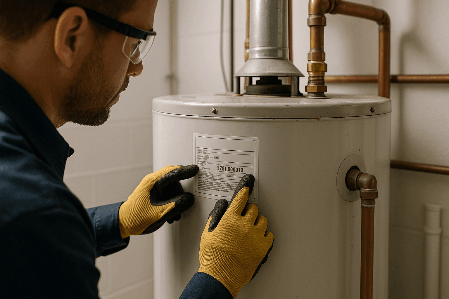 Plumber checking serial number on older water heater