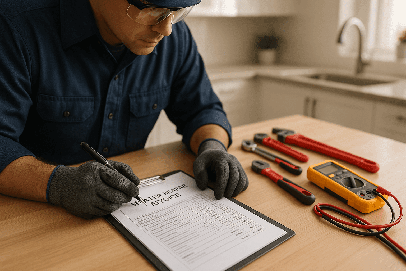 Plumber reviewing water heater repair invoice at kitchen table