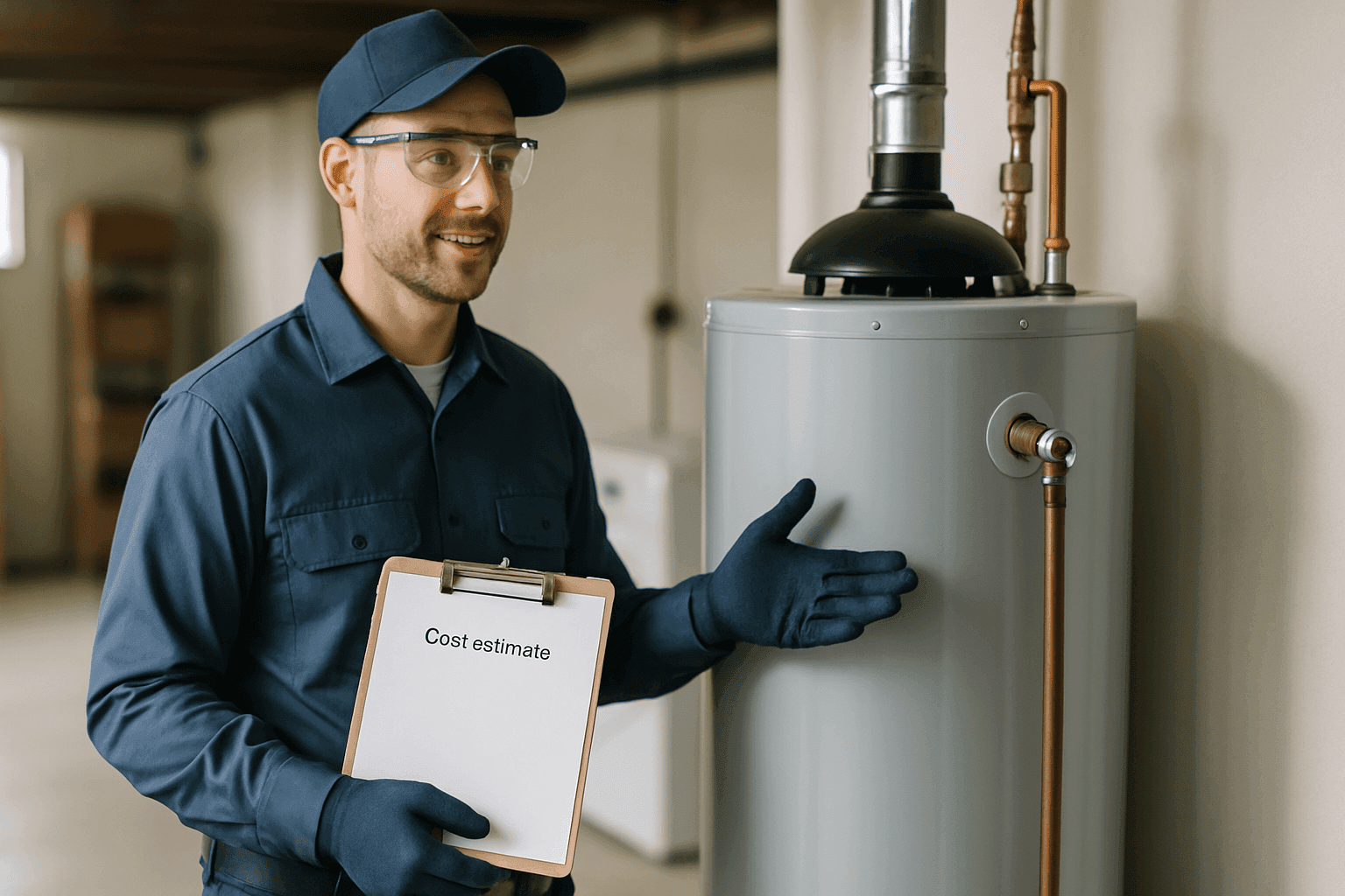 Plumber showing water heater replacement options and cost estimate
