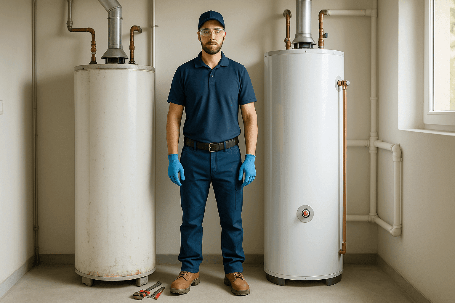 Plumber comparing old and new water heaters in utility room