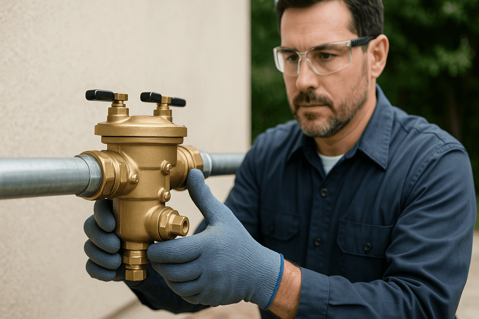Plumber installing backflow prevention device on residential pipe