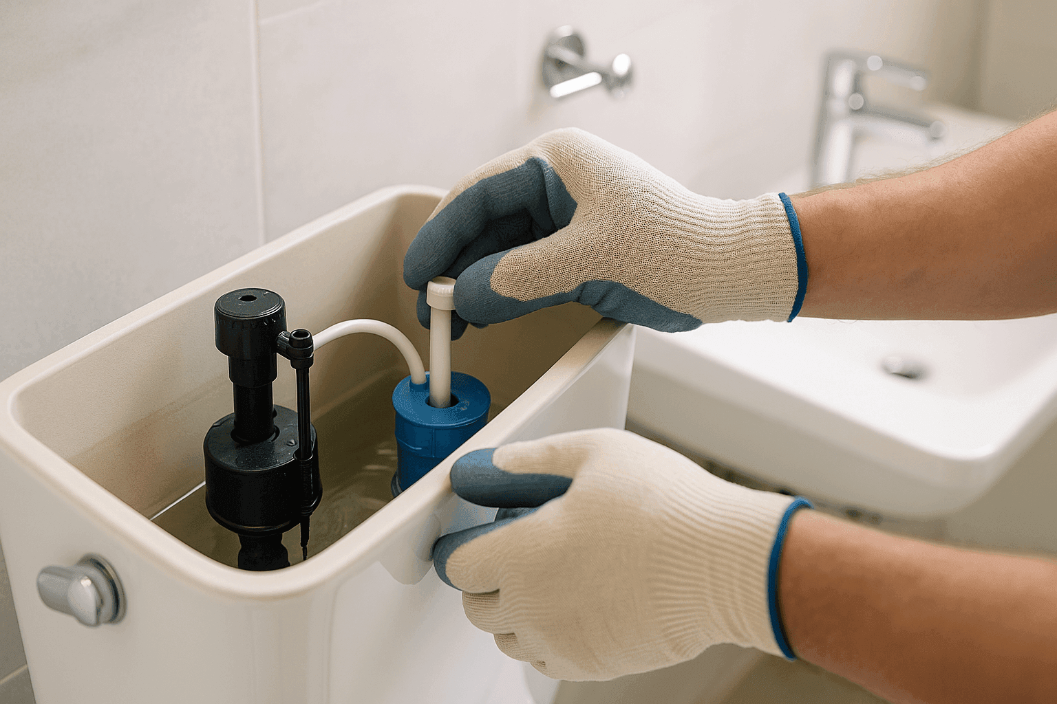 Homeowner adjusting toilet tank components to fix running water
