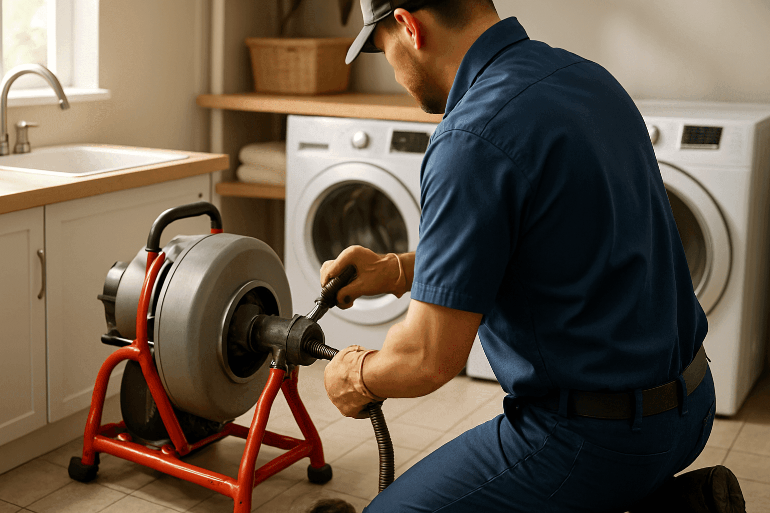 Plumber using heavy-duty auger for drain cleaning in home
